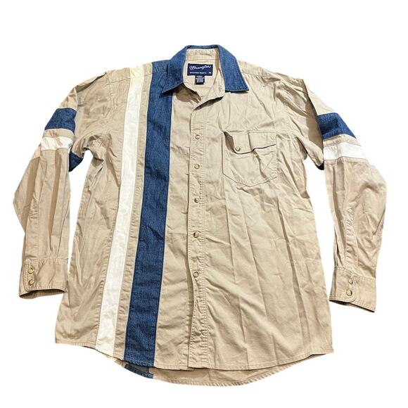 Vintage WRANGLER Western Shirt Men M Pearl Snap Embroidered Striped Denim Tan - Picture 1 of 11